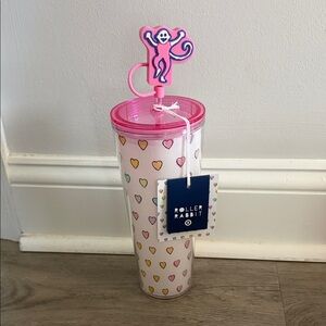 Roller Rabbit Pink Heart Print Tumbler with Monkey Straw